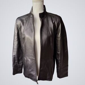 Valerie Stevens Black Lamb Leather Jacket Womens Medium Zip Front Mock Neck Coat